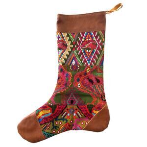 Rustic Multicolor Turkish Killim Christmas Stocking Leather Cuff & Toe Vintage
